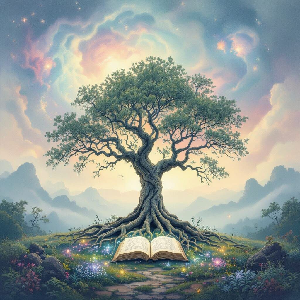 Ancient Tree With Book Roots in Ethereal Clearing
