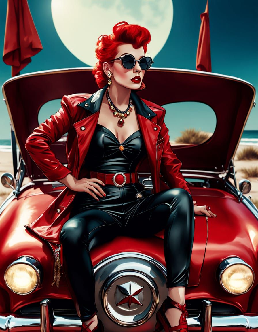 Glamorous 1950s Pin-Up Woman on Beach