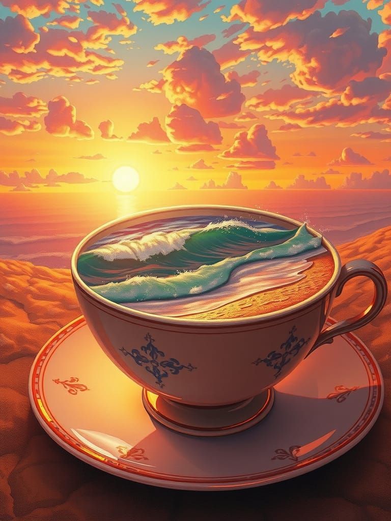 Sunset Beach in Teacup: Surrealist Dreamscape
