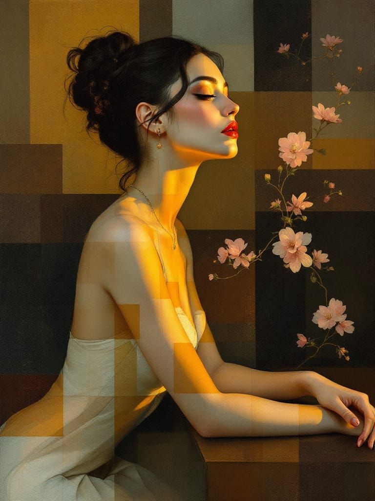 Renaissance Fusion: Geometric Pin-Up with Luminous Depth