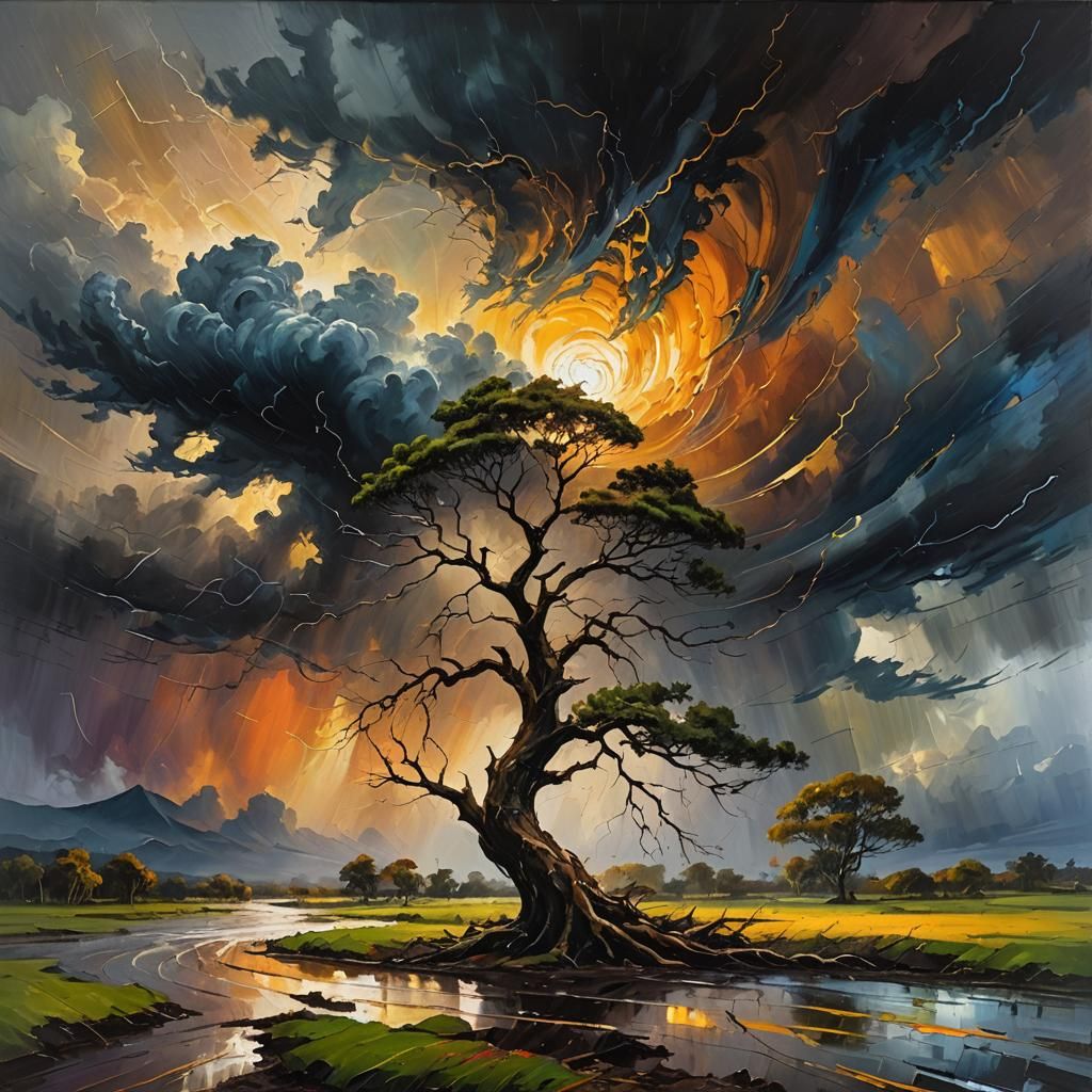 Typhoon Resilience: A Vibrant Oil Painting