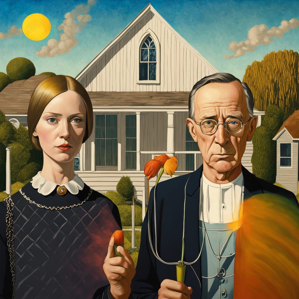 American Gothic Figure Transformed into Vibrant Iridescent S...