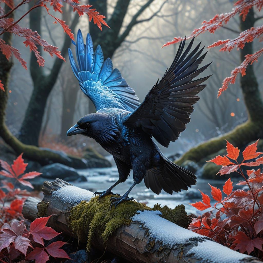 Hyperrealistic Raven Takes Flight in Frosty Autumn Woodland