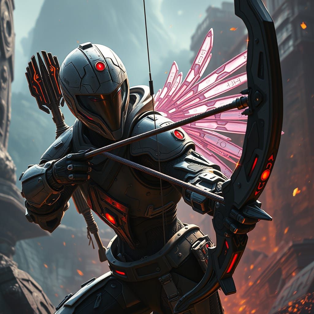 Cyborg Archer in a Vibrant Fantasy Realm