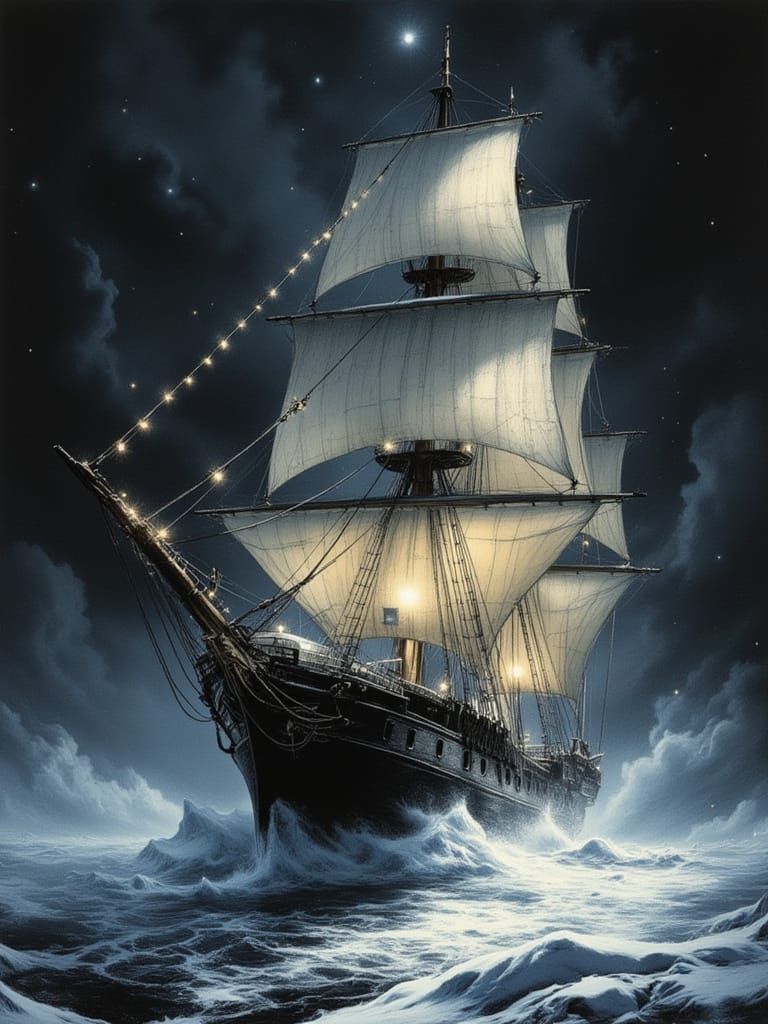 Tall Ship in Blizzard, Expressive Black and White Style