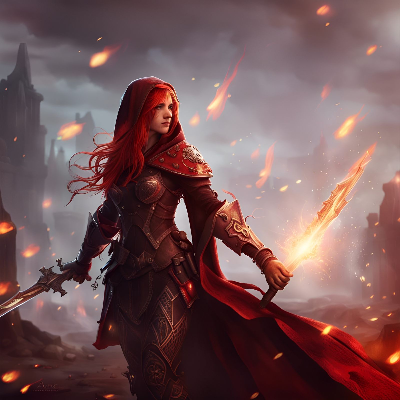 Red-Haired Knight in Armor with Fiery Cloak