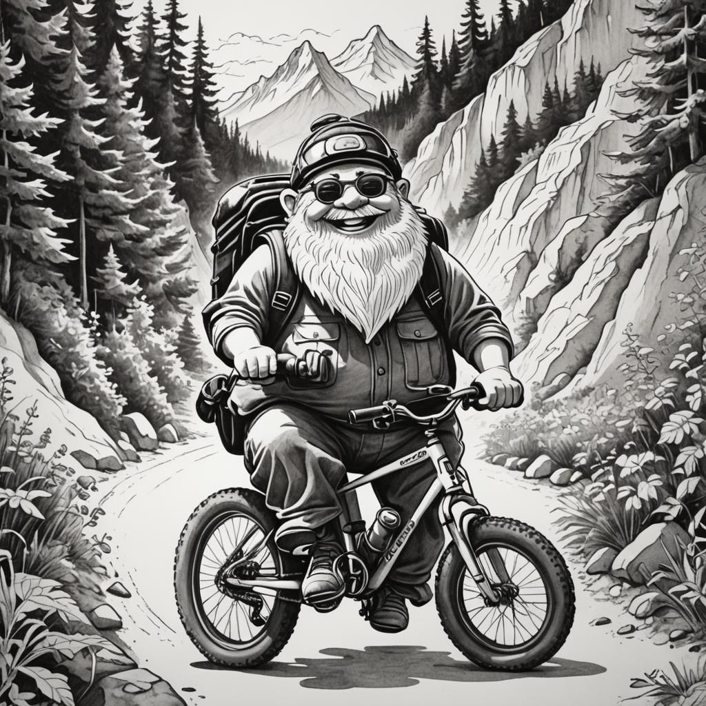 Cartoon Gnome Rides Mountain Bike in Black and White