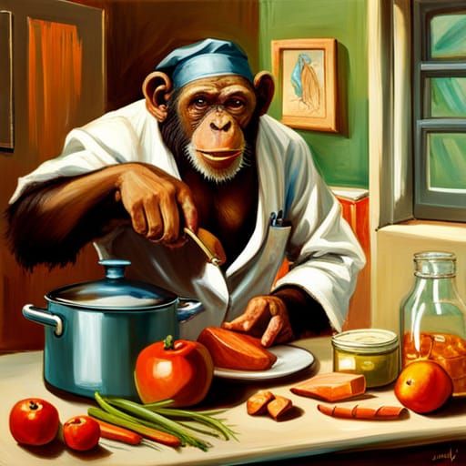 Chimpanzee Chef: Realistic Painting in Kitchen