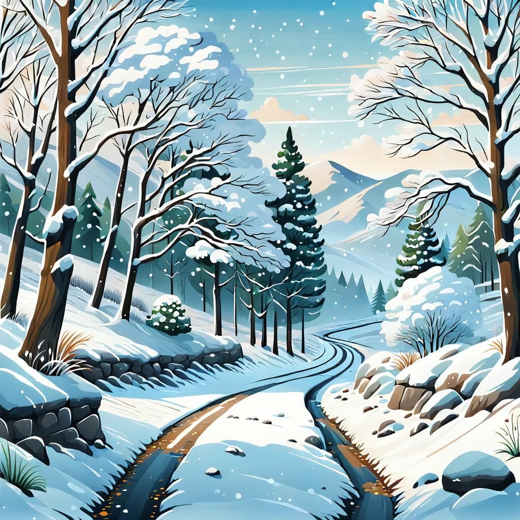 First Snowfall in Winter Landscape Illustration