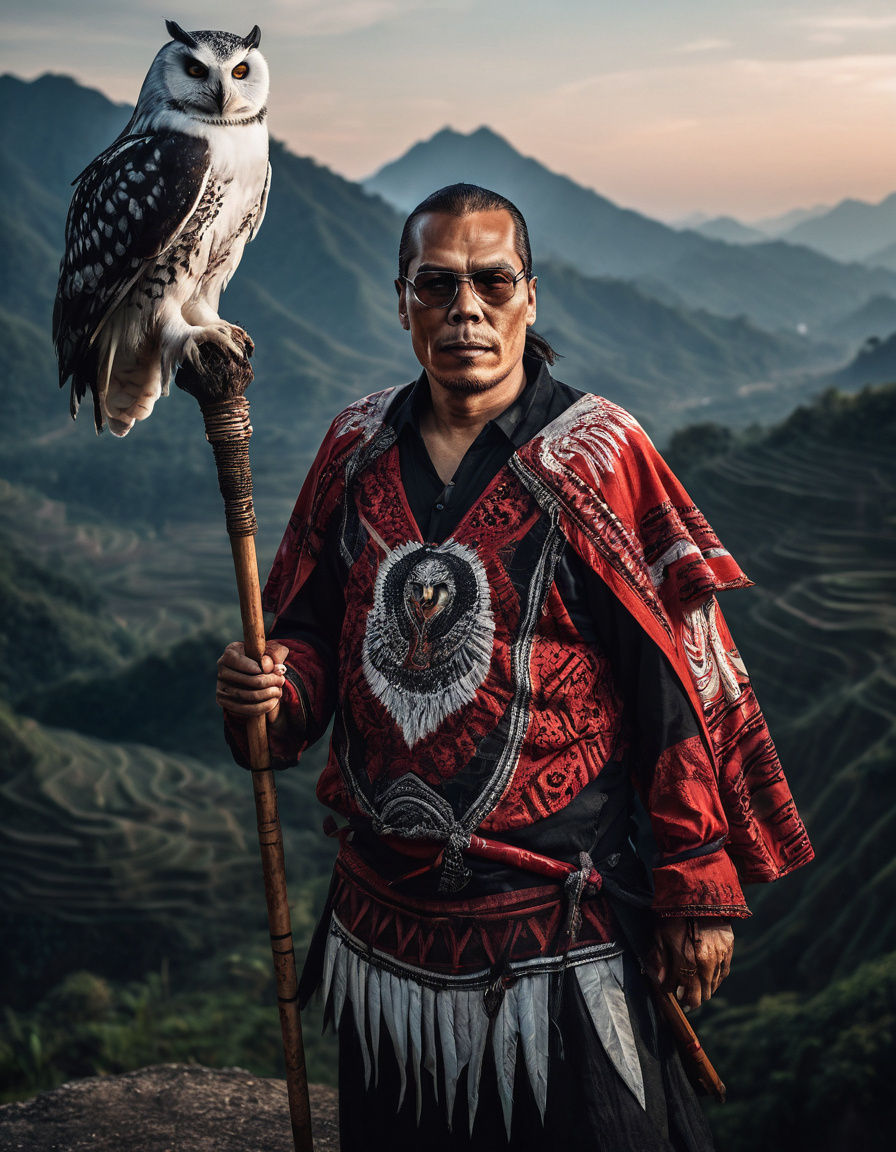 Southeast Asian Warrior Stands on Cliff's Edge, Owl on Shoul...