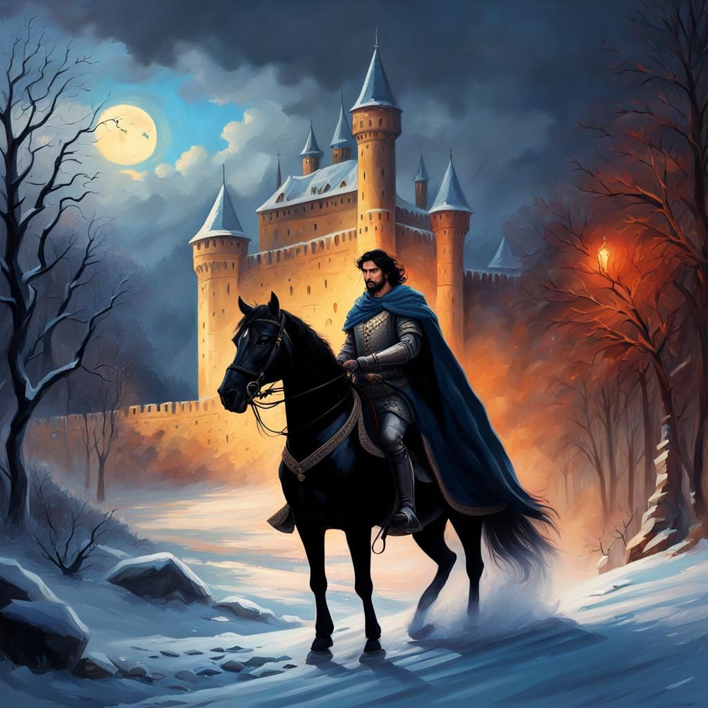 Indian Knight Rides to Castle: Impressionism Style