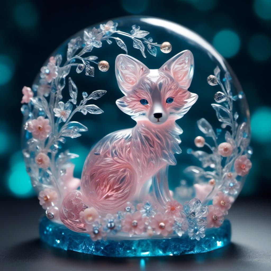 Bioluminescent Crystal Fox Sculpture in Pink Glass