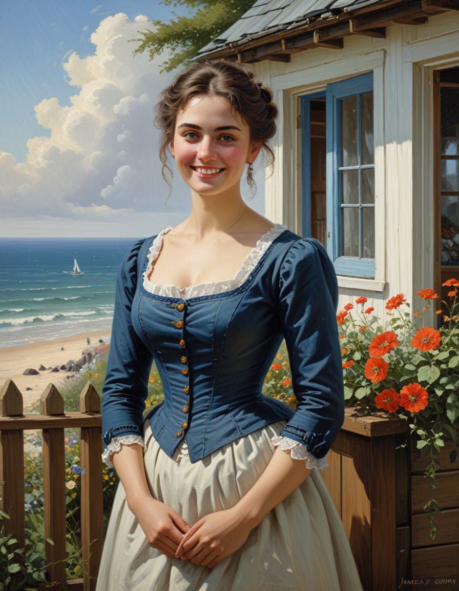 Victorian Beauty at Seaside Cottage in Oil Painting