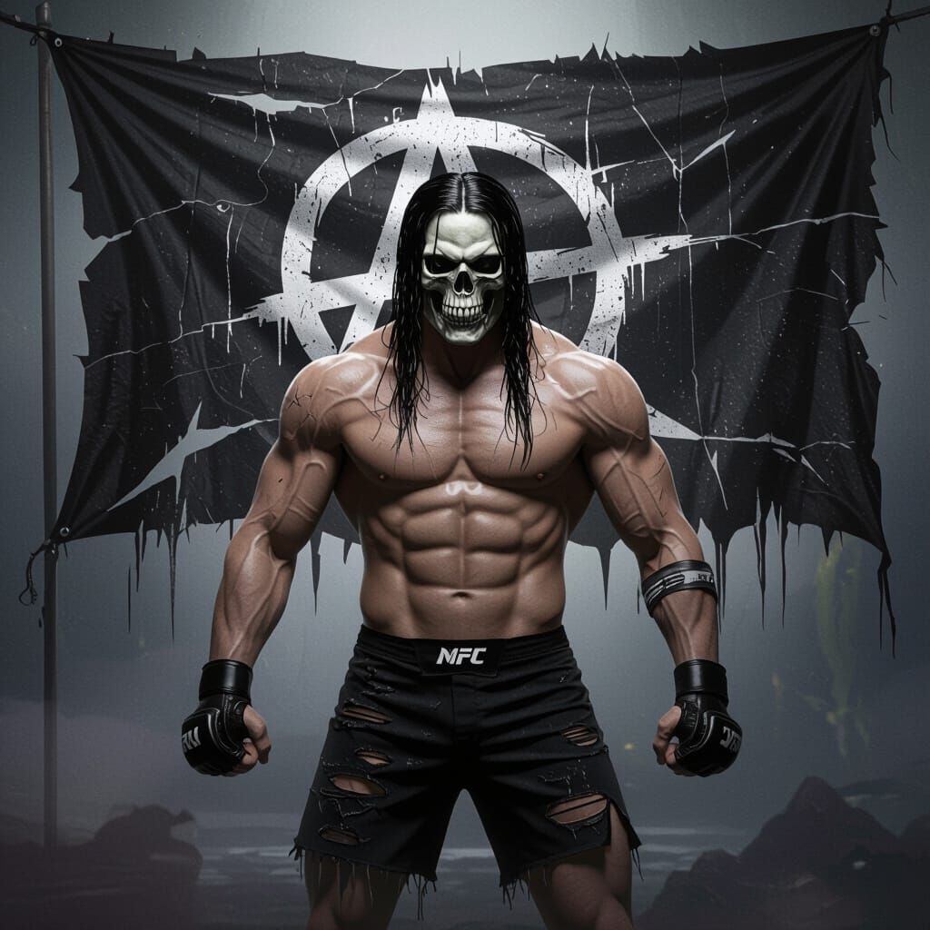 Skull-Faced Warrior in Dark MMA Attire with Anarchy Flag