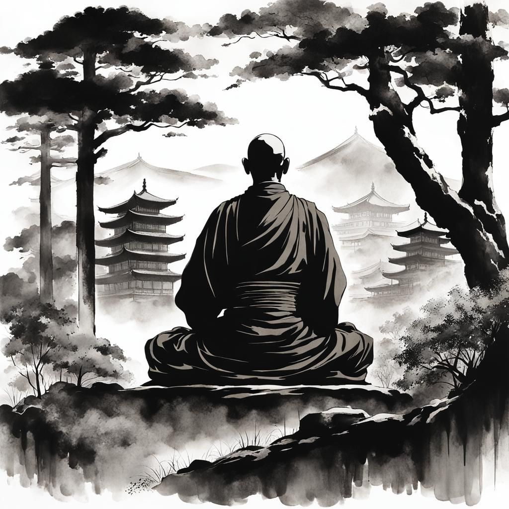 Zen Monk Meditation: Sumi-e Ink Painting