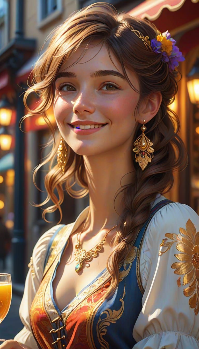Woman Smiling in French Cafe with Golden Sunlight
