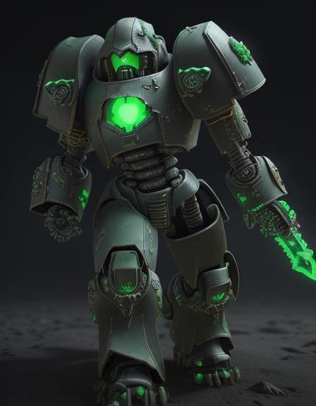 Necron Robot with Glowing Green Lights in 3D
