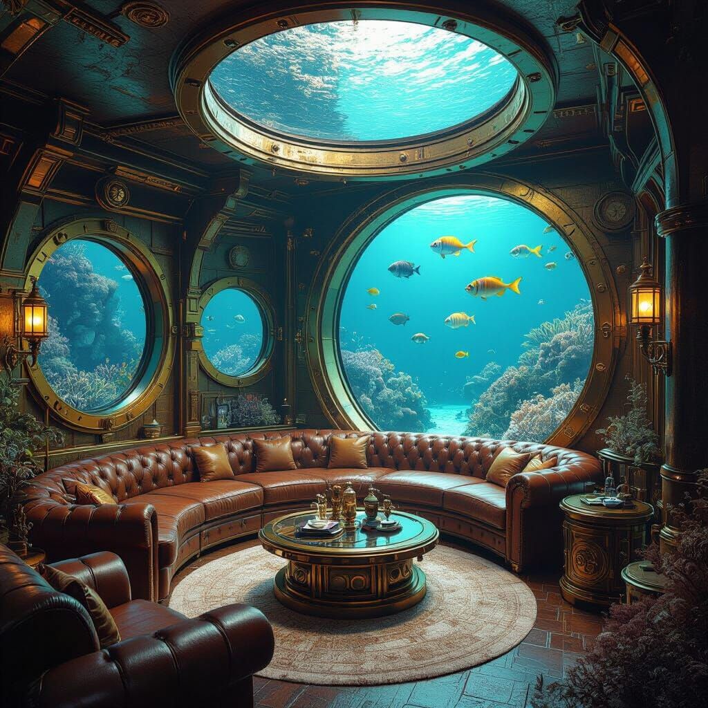 Steampunk Underwater Living Room with Sea Life