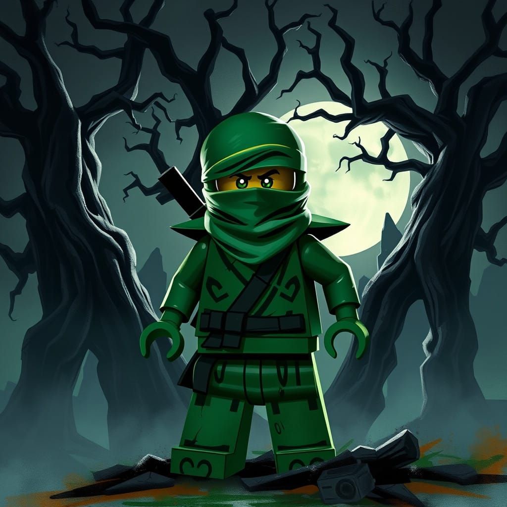 Green Ninja Stands against Dark Forces in Gothic Horror Styl...