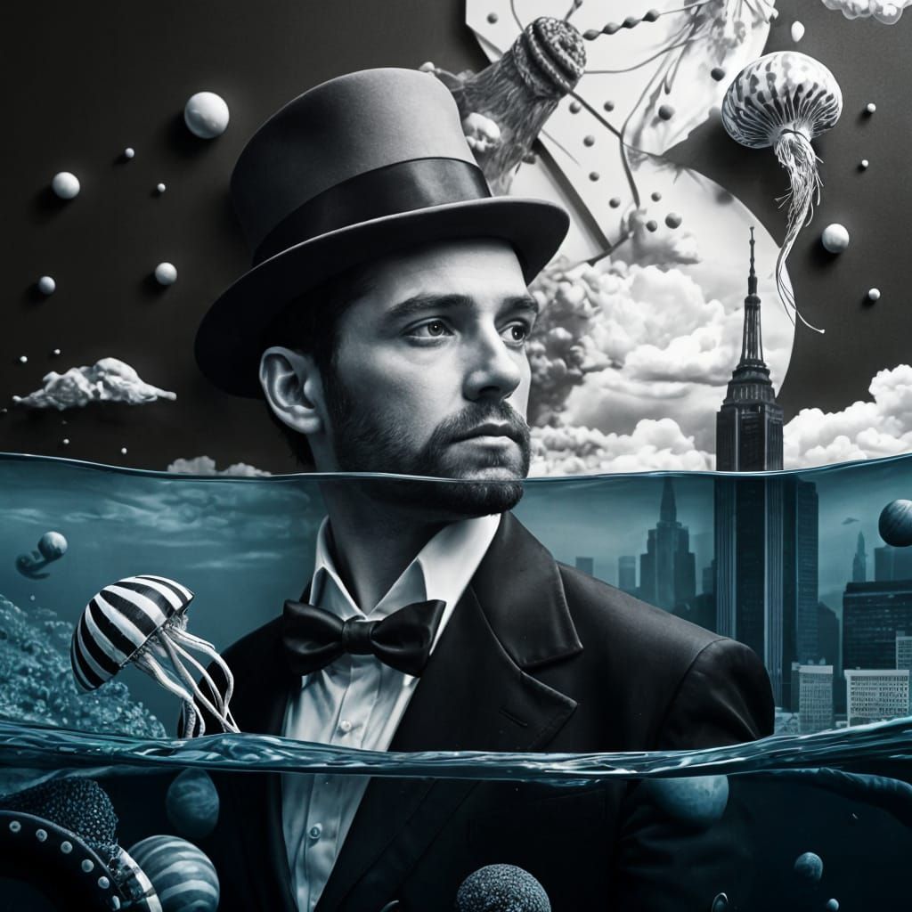 Vibrant Art Deco Seascape with Gentleman and Jellyfish