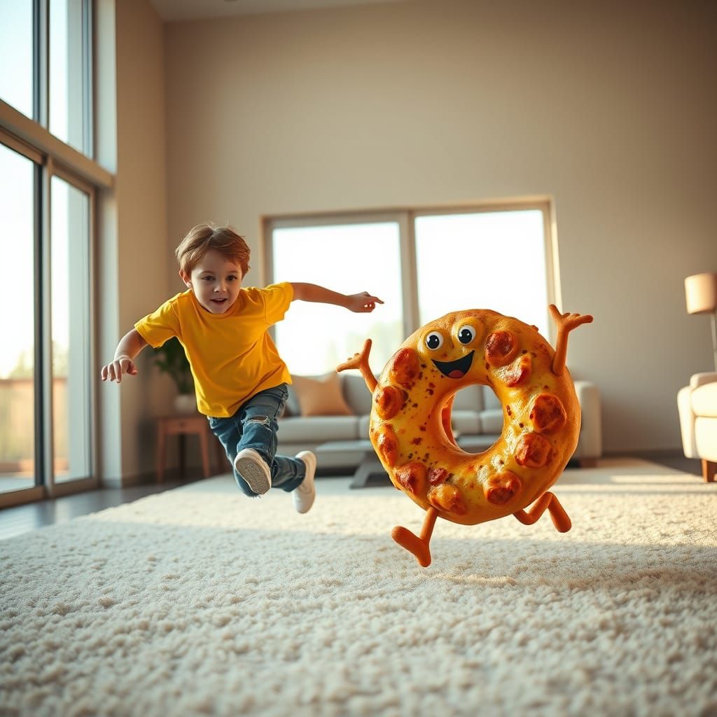 Young Luke Chases a Whimsical Pizza in a Modern Living Room