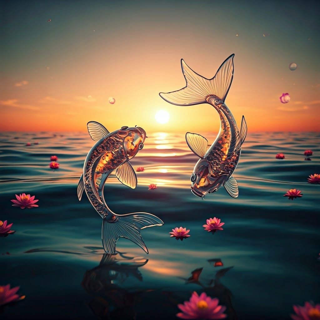 Glass Koi Fish Sunset: Hyperdetailed Concept Art