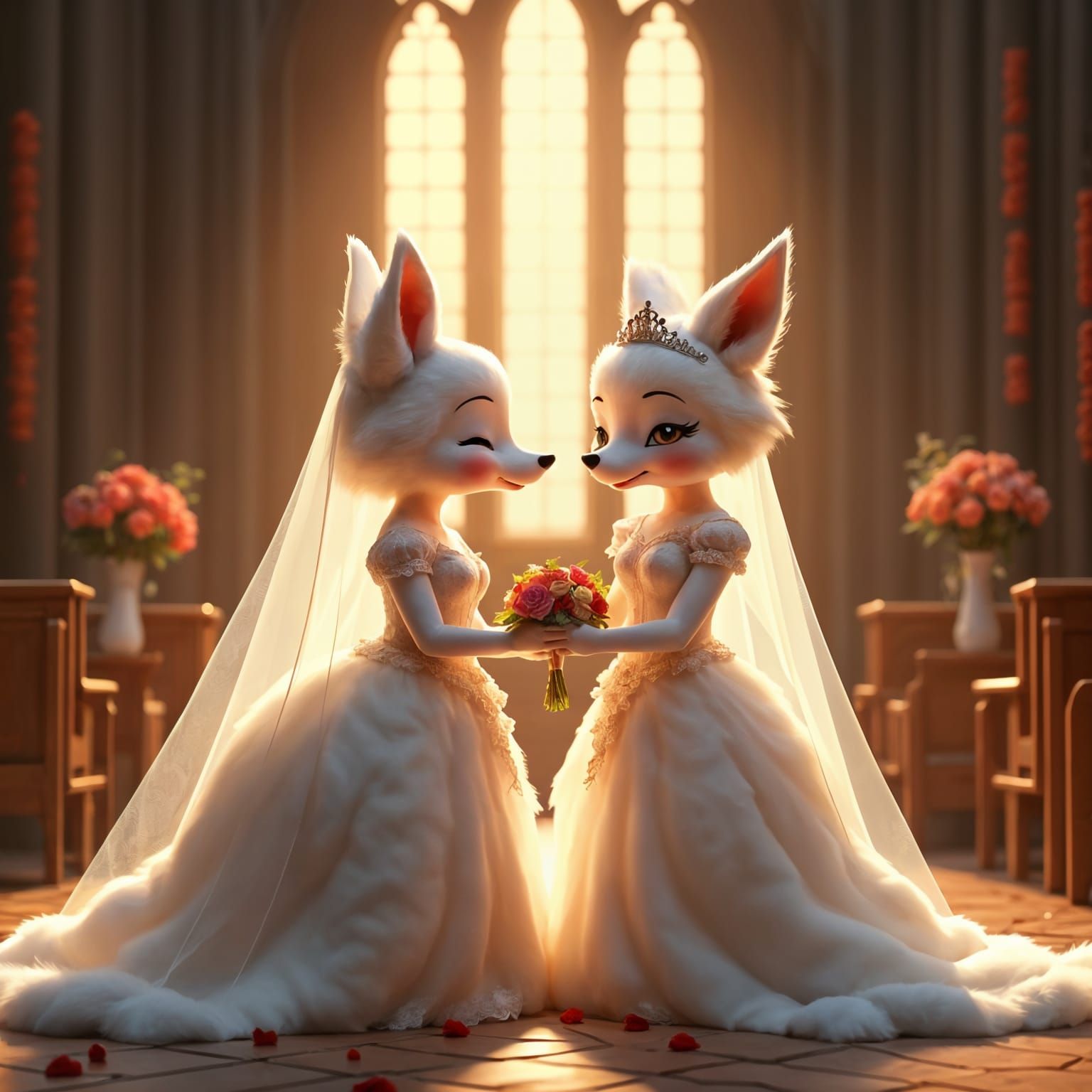Furry Fox Lesbian Wedding in Chapel: Detailed Digital Art