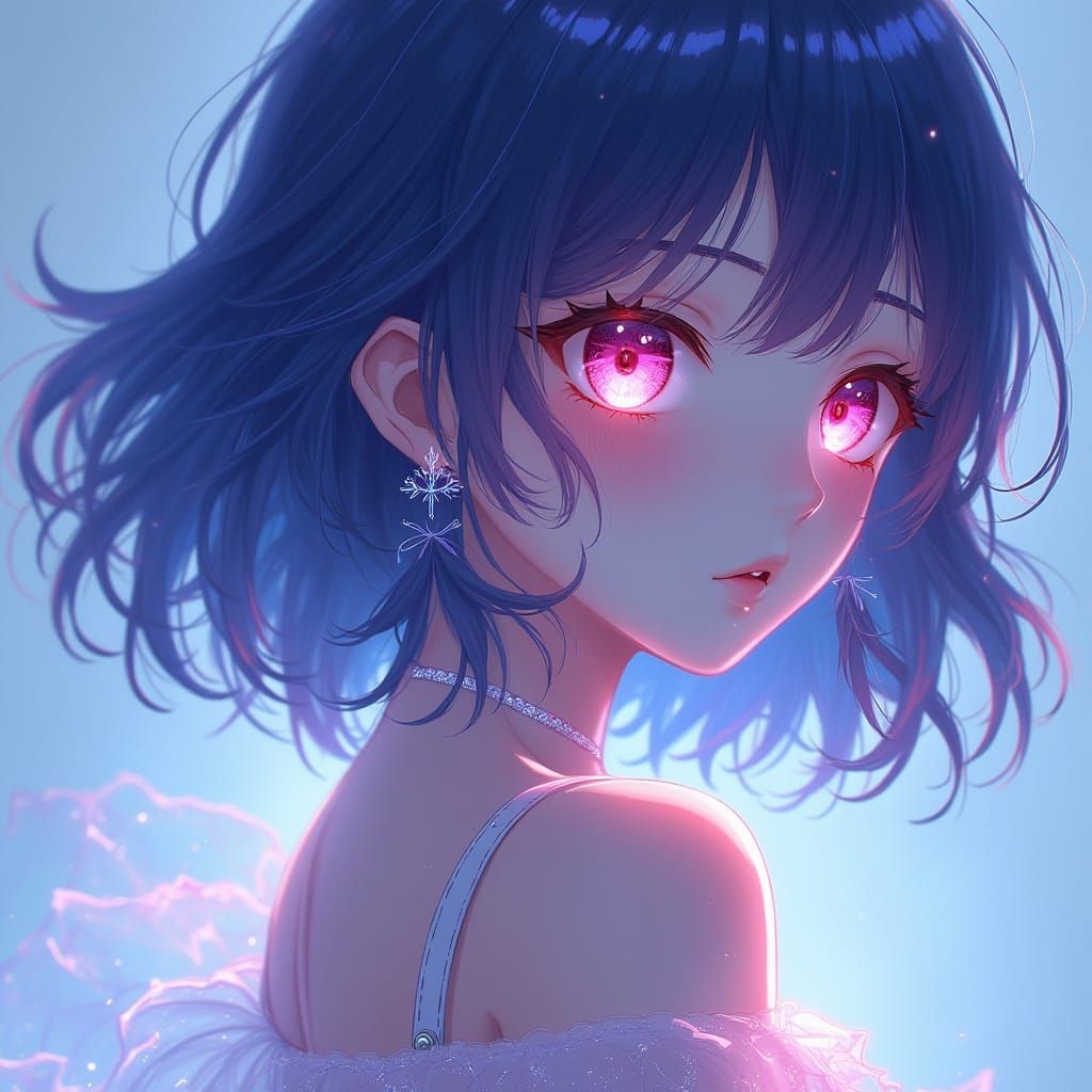 Dreamy Anime Portrait of a Mysterious Girl in Indigo with Et...