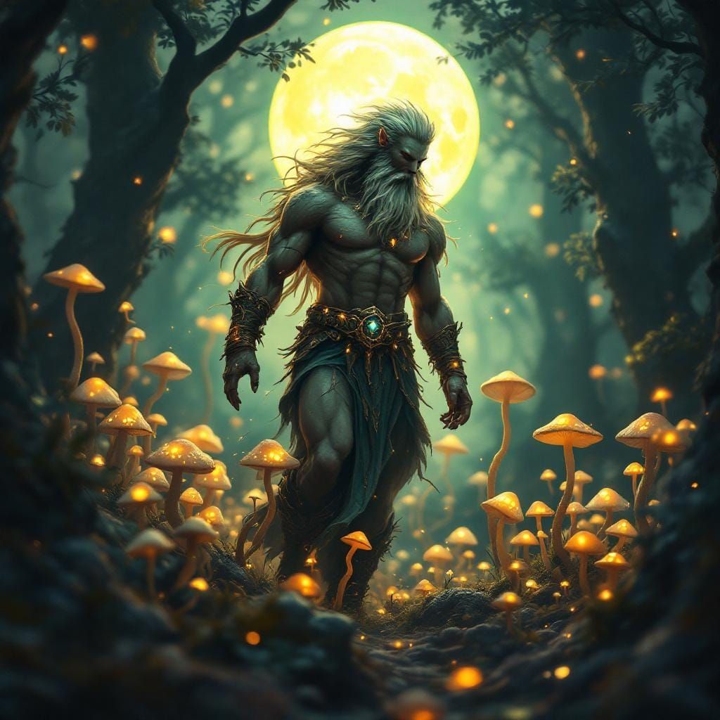 Zeus in Mystical Forest with Glowing Mushrooms
