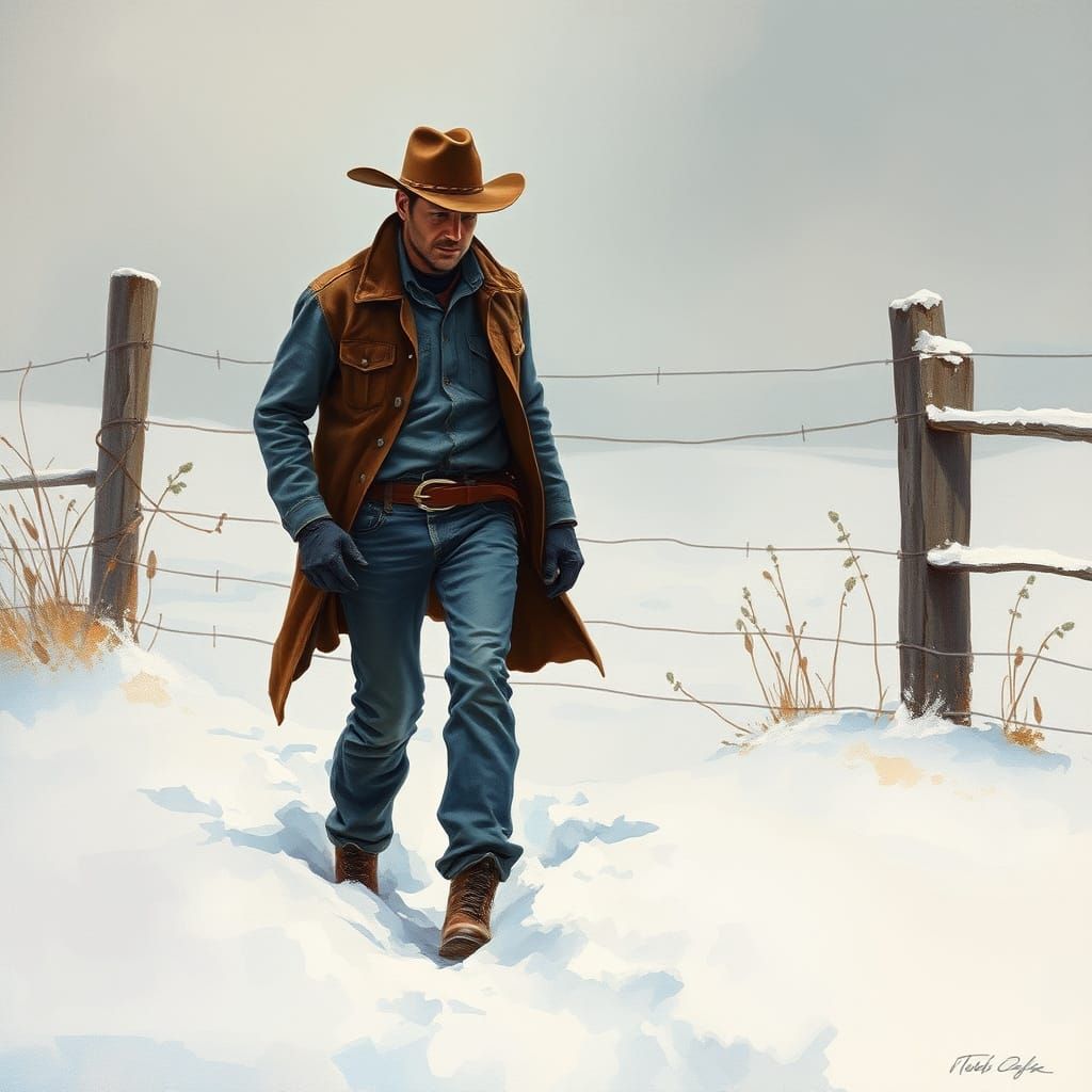 Ethereal Cowboy in Winter Landscape
