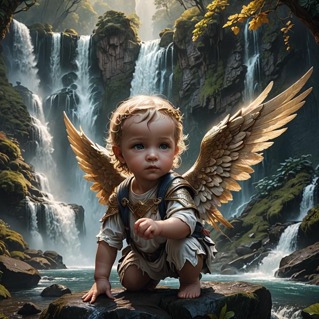Baby Angel by Waterfall: Detailed Fantasy Art