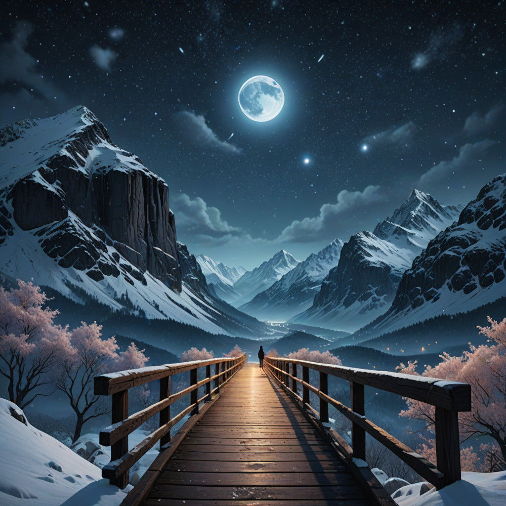 Ethereal Snowfall Scene: Woman on Bridge, Mountains, and Blo...