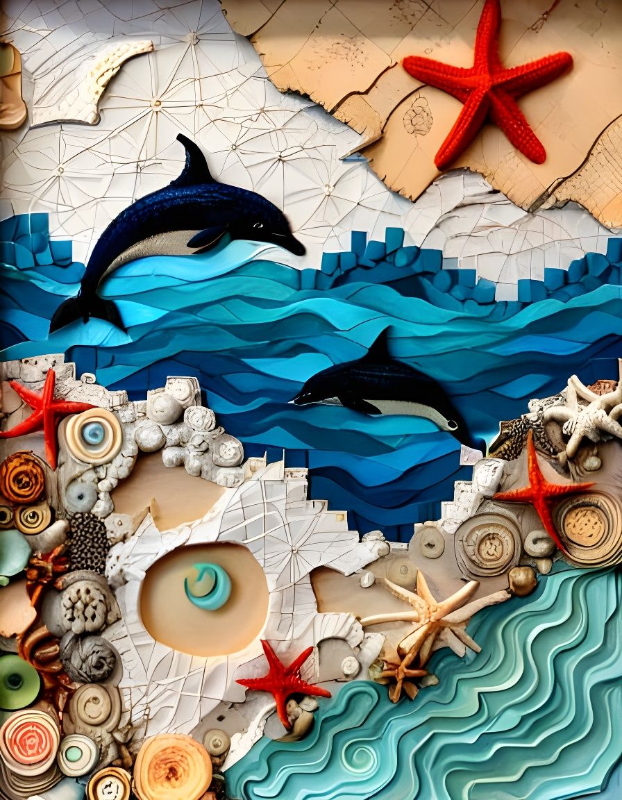 Ocean Collage with 3D Dolphin