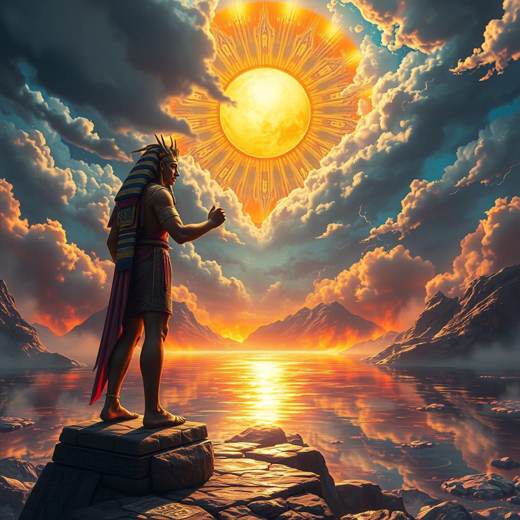 Egyptian Sun God Ra Standing Heroically in Mystical, Fiery L...