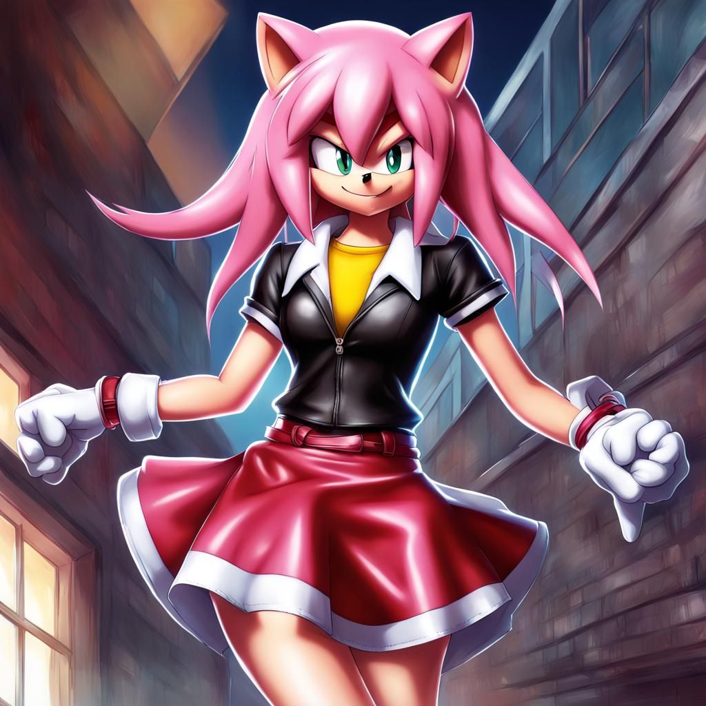 Amy Rose in Leather Skirt, Anime Style
