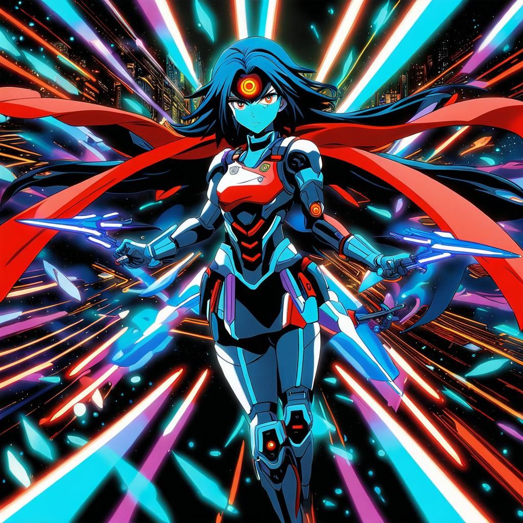 Cyborg Anime Girl with Neon Blades in Manga Style