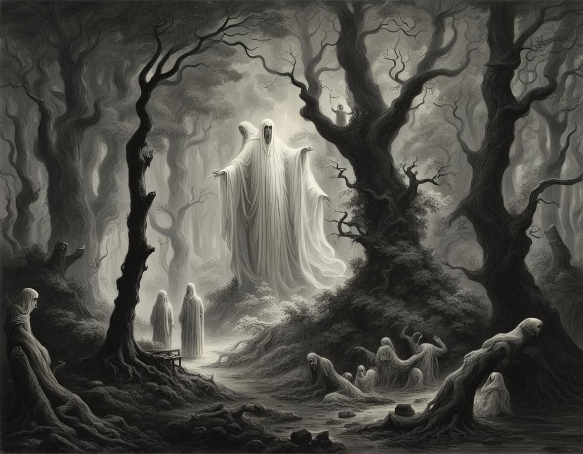 Eerie Forest Haunted by Translucent Spirits in Horror Style