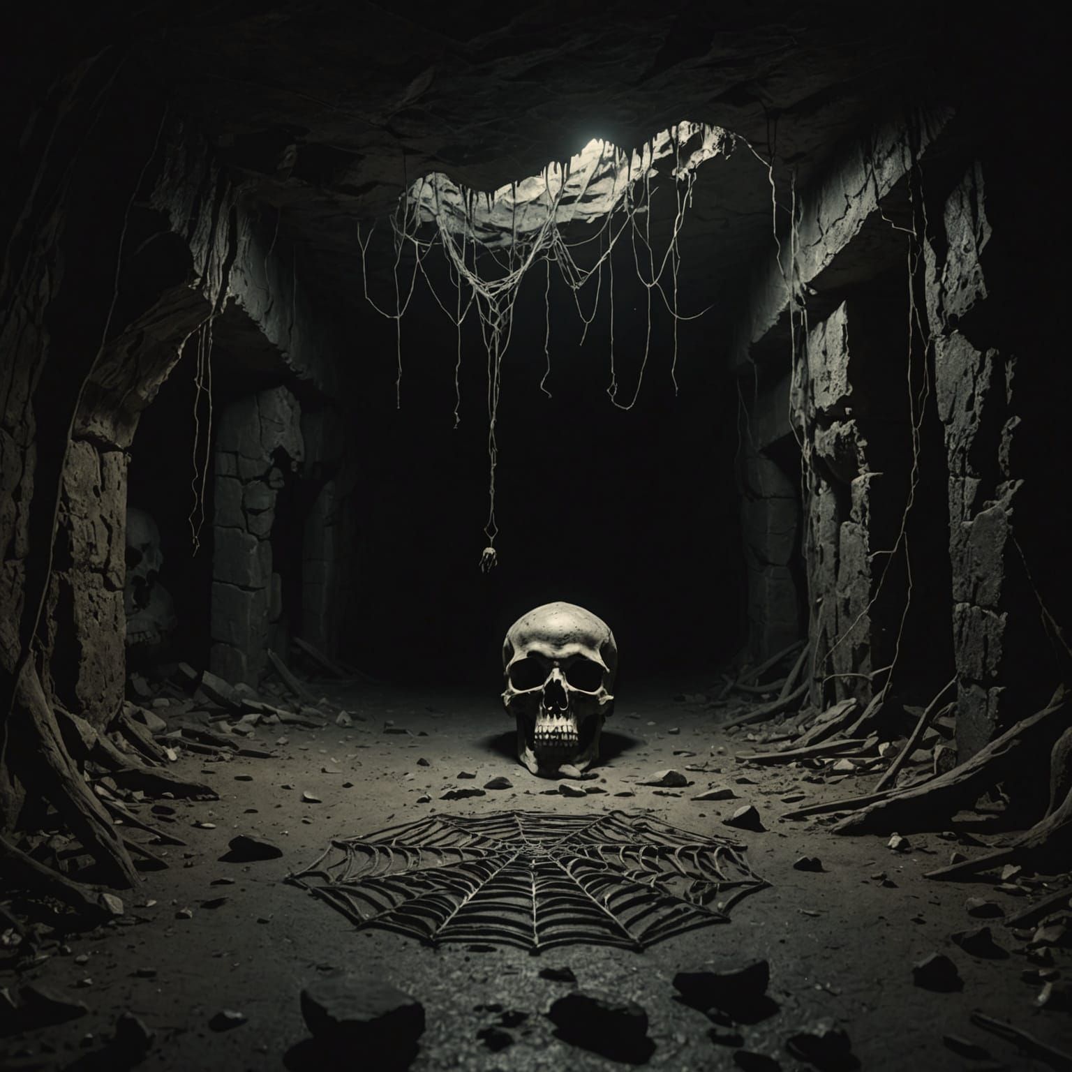 Dark Cave with Skull Emitting Light
