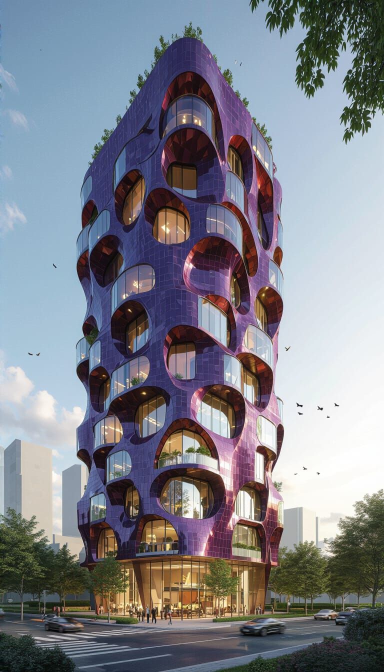 Futuristic Purple Ceramic Petal Building in Hadid Style