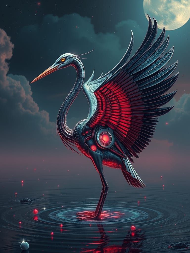 Cyberpunk Heron in Alien Methane Lake