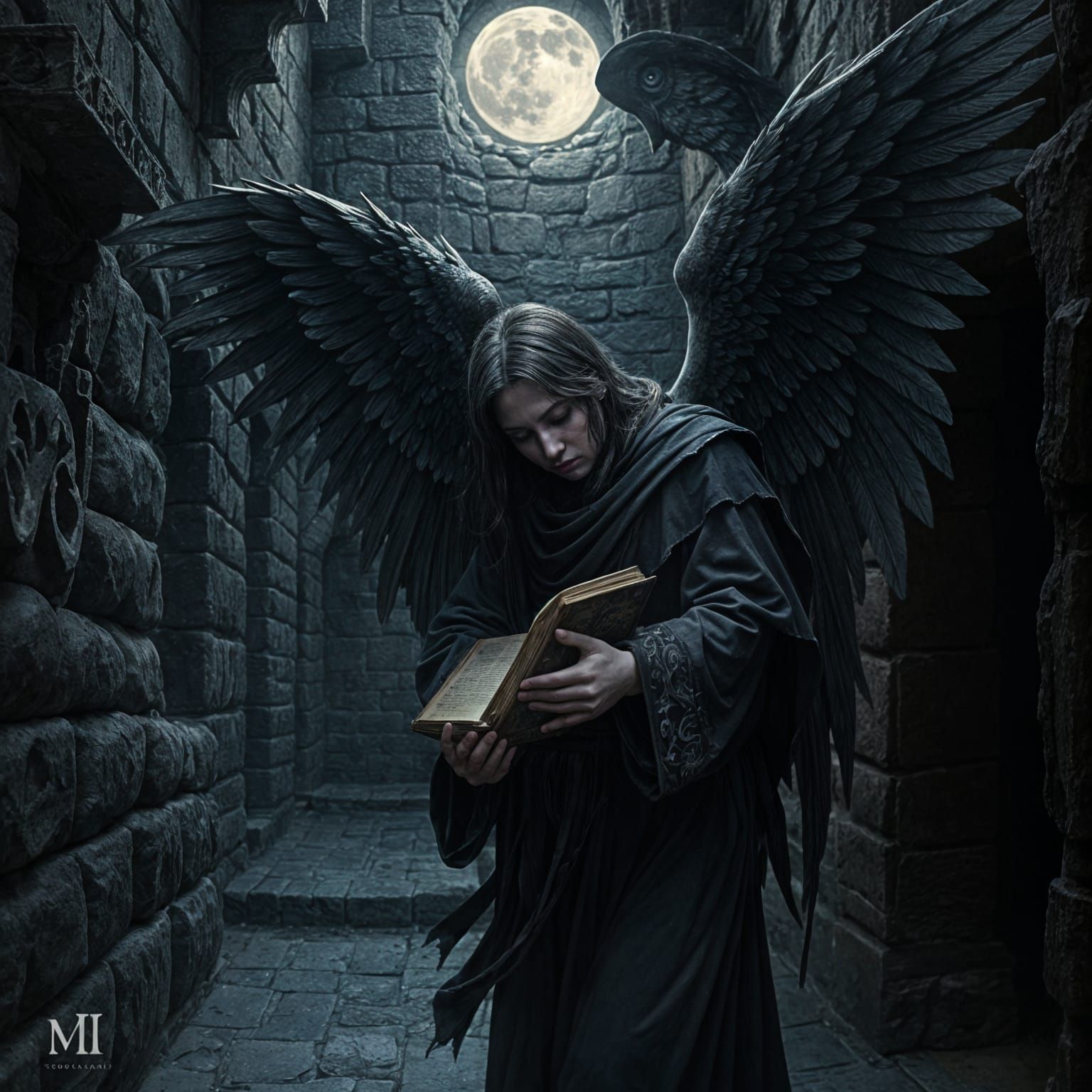 Fallen Angel in Medieval Tavern Alley, Dark Fantasy Art