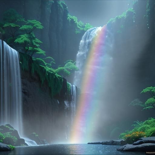 Rainbow Waterfall: Pixar Style 3D Digital Art