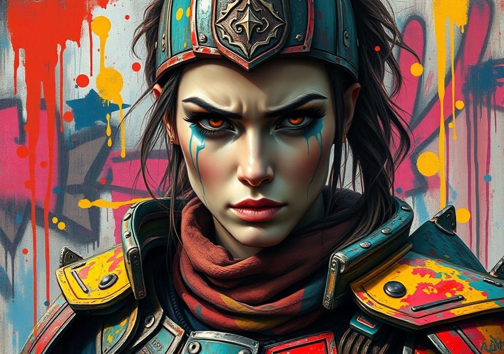 Vulnerable Warrior Woman with Tears in Graffiti Style
