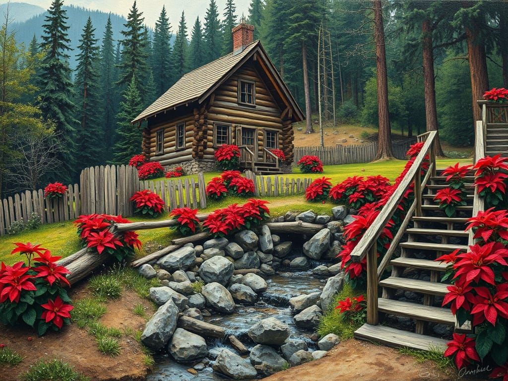 Vibrant Log Cabin in Whimsical Neo-Impressionist Style