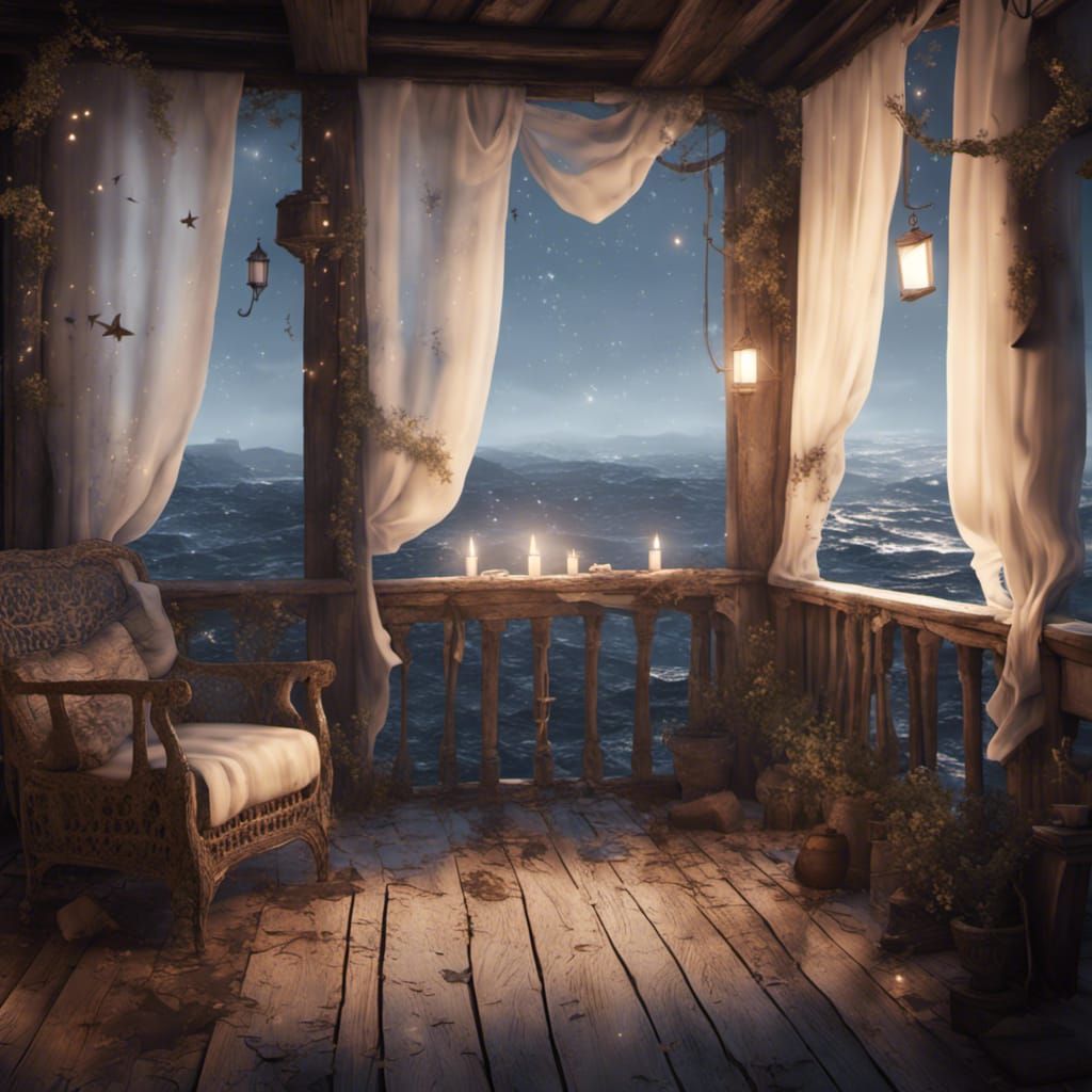 Wind-Blown Curtains on Seaside Cliff Under Stars