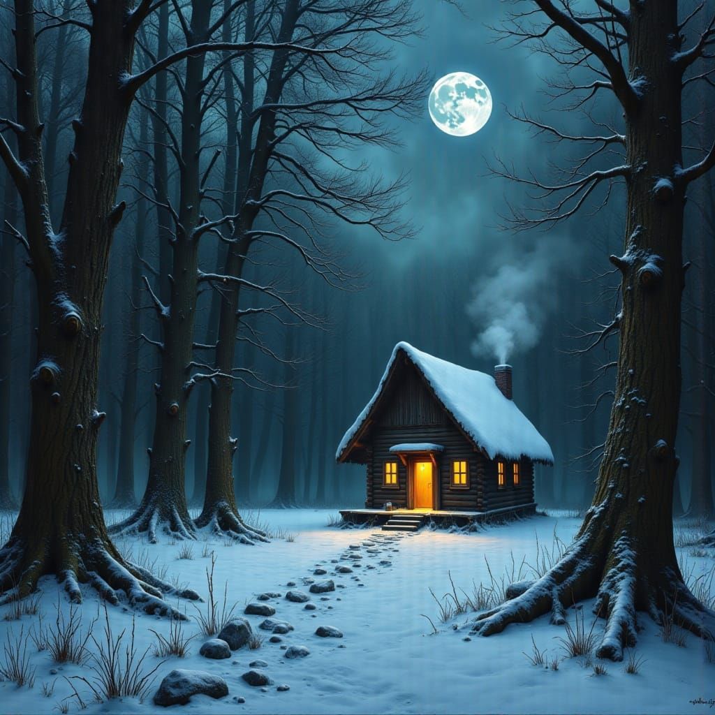 Hermit's Cabin in Snow Forest Under Twin Moons