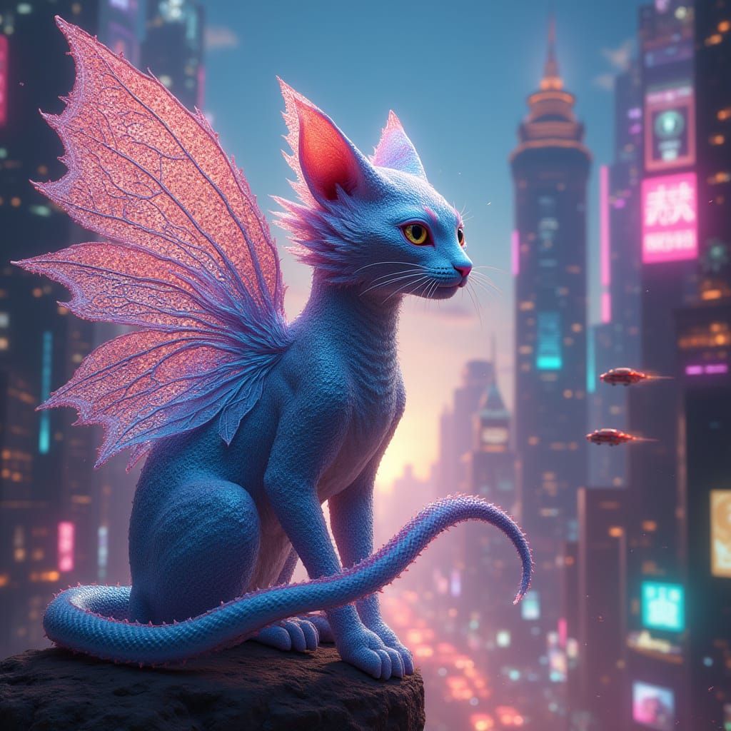 Surreal Futuristic City Guardian in Iridescent, Cyberpunk St...