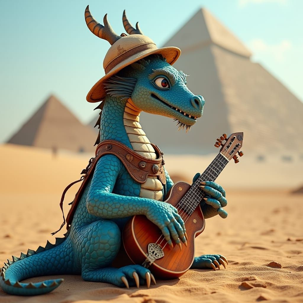 Blue Dragon Plays Kalimba by Pyramid, Matte Painting
