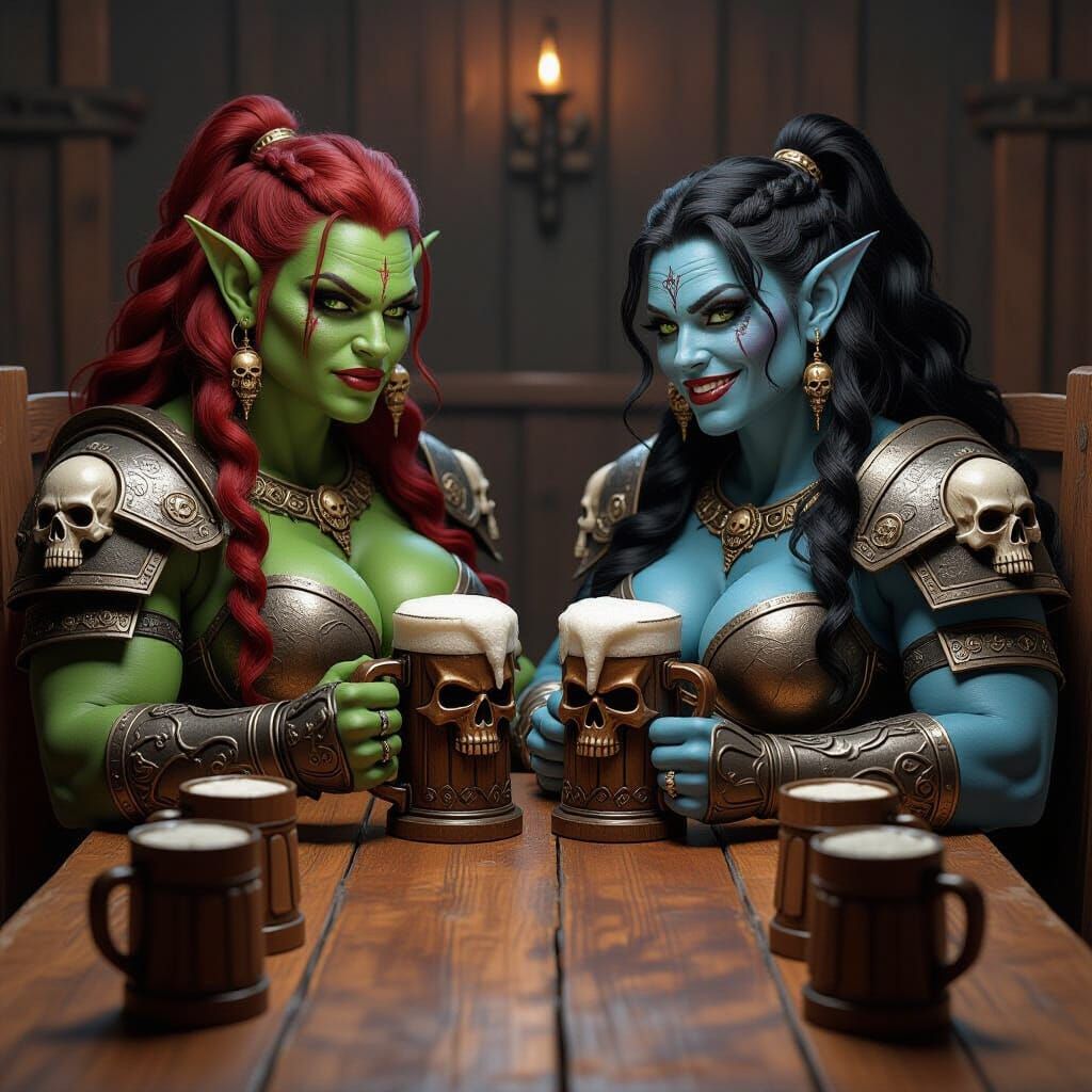 Orc and Ogress Drinking Contest in Spartan Armor
