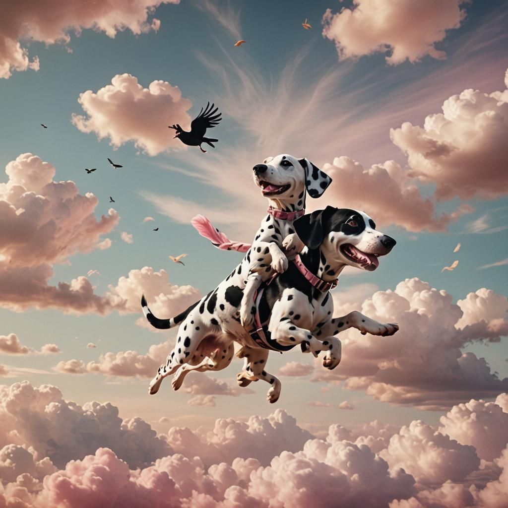 Whimsical Dalmatian and Rabbit Flight in Magic Realism